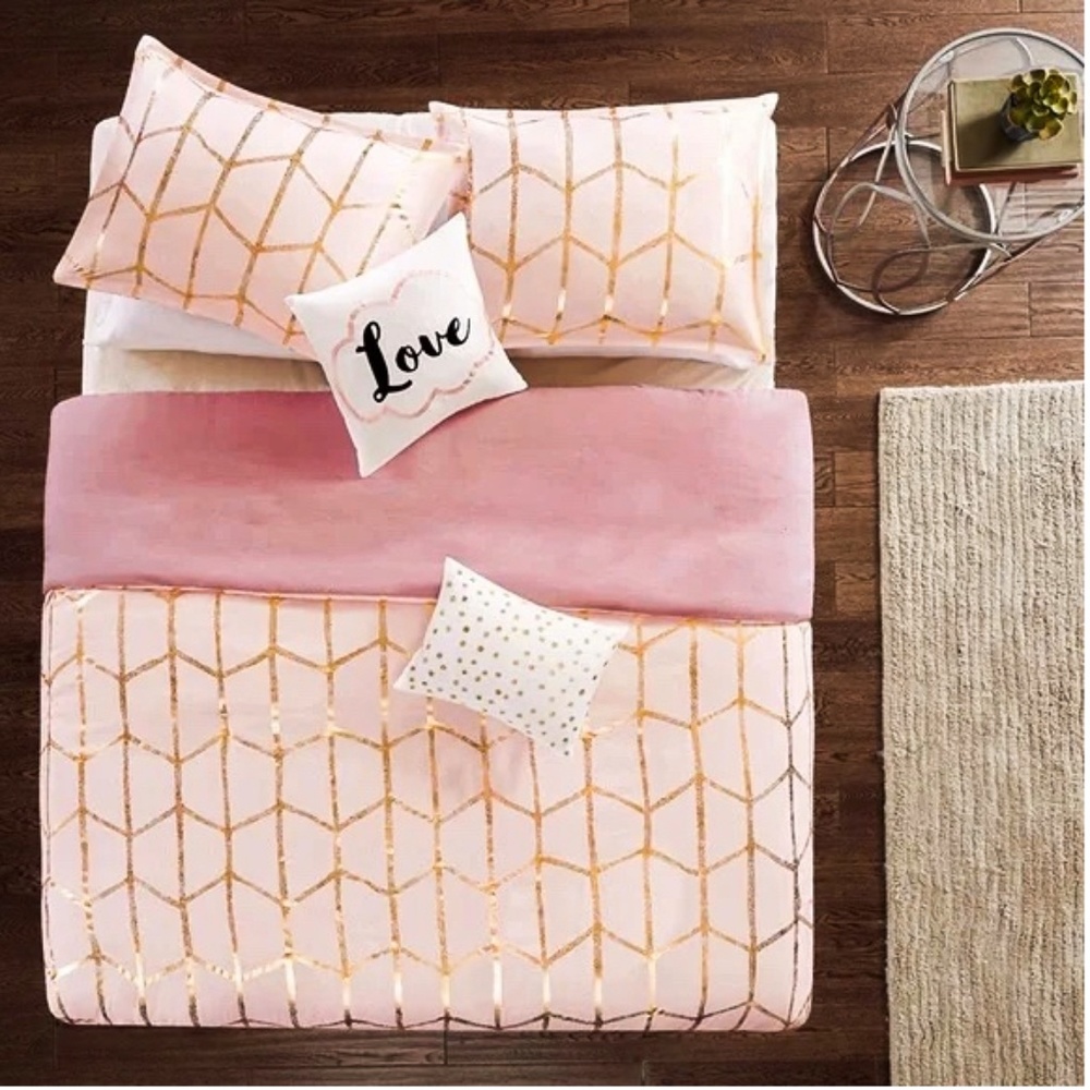 Raina 5 Piece Metallic Printed Duvet Cover Set, Queen, Blush/Gold NWT